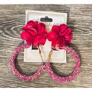 Magenta Glitter Hoops & Flower Stud Earrings Set of 2